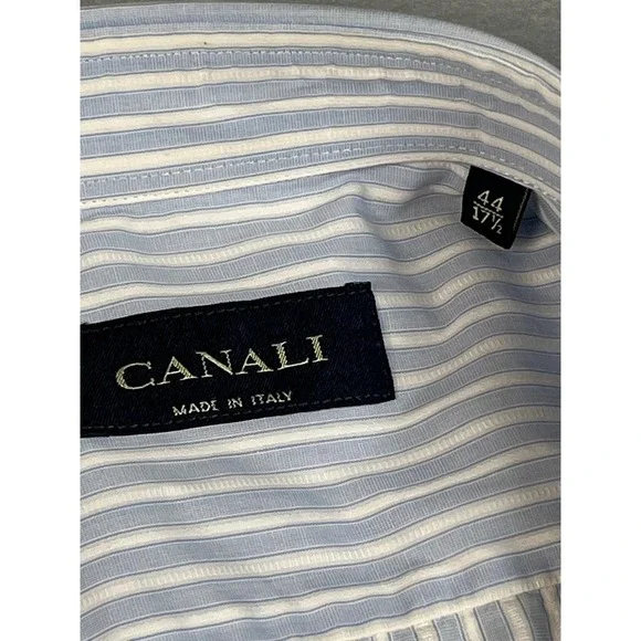 Canali Mens Light Blue White Stripe Dress Shirt Made in‎ Italy Size 44 17.5